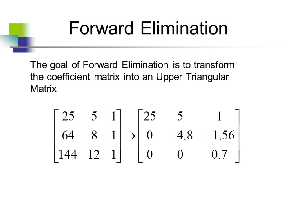 Forward Elimination The goal of Forward Elimination is to transform the coefficient matrix into